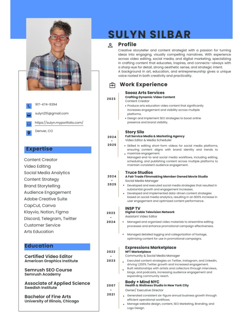 resume of content producer and video editor, SuLyn Silbar
