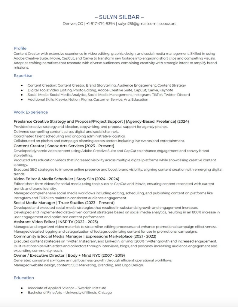 Soooz content creator resume